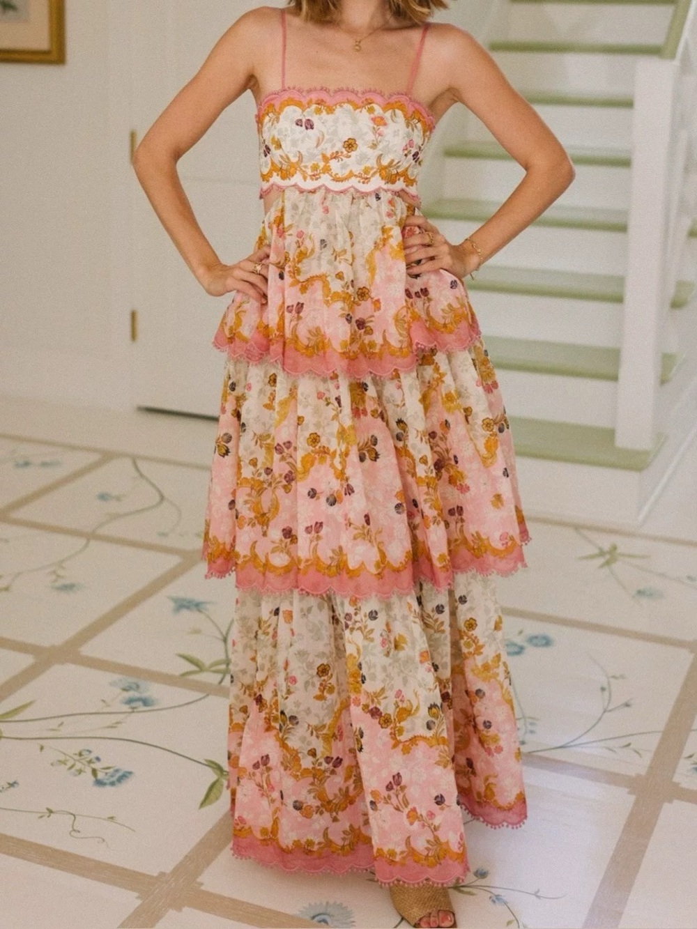 Designer-style Rare Tiered Floral Maxi Dress in Pink and Cream